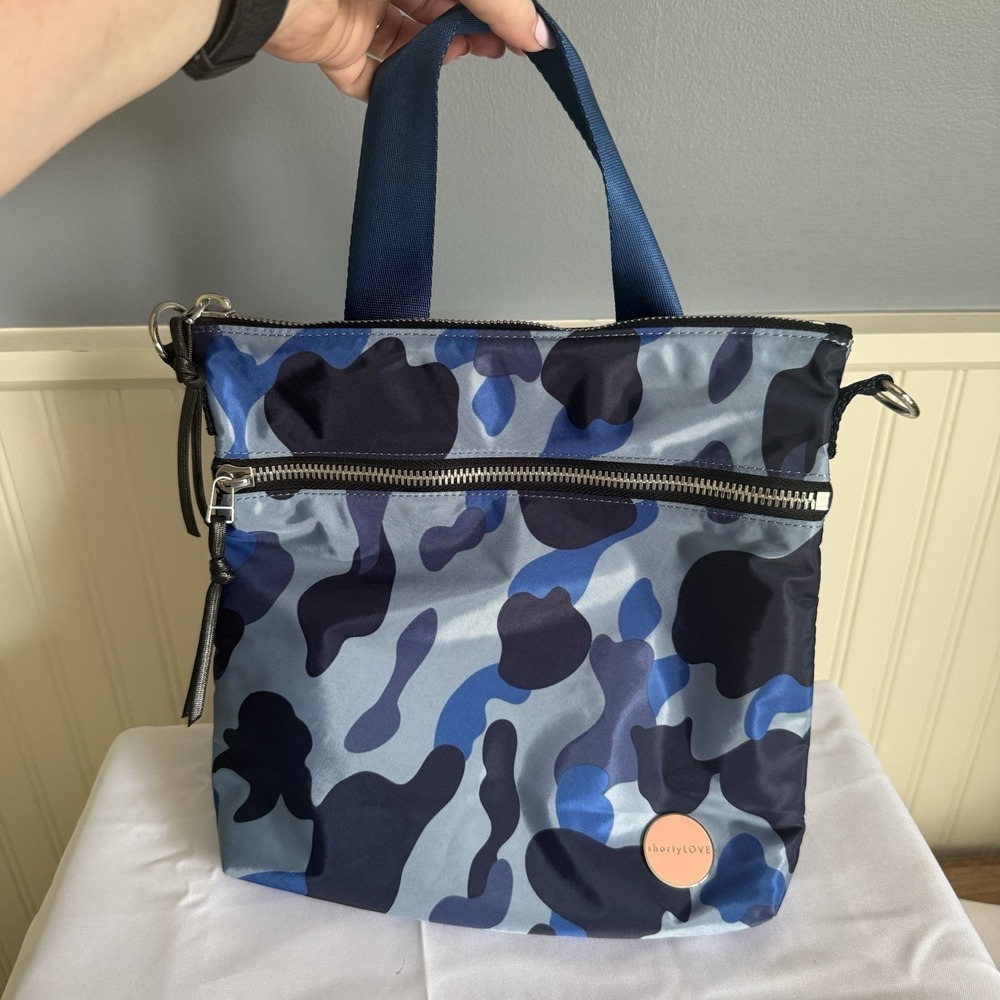 shortyLOVE Amuse Medium Nylon Crossbody Top Handle Bag Purse Navy Blue Camo